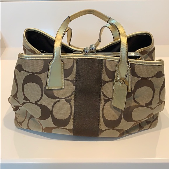 Coach purse medium tan and brown with gold trim - Picture 1 of 6